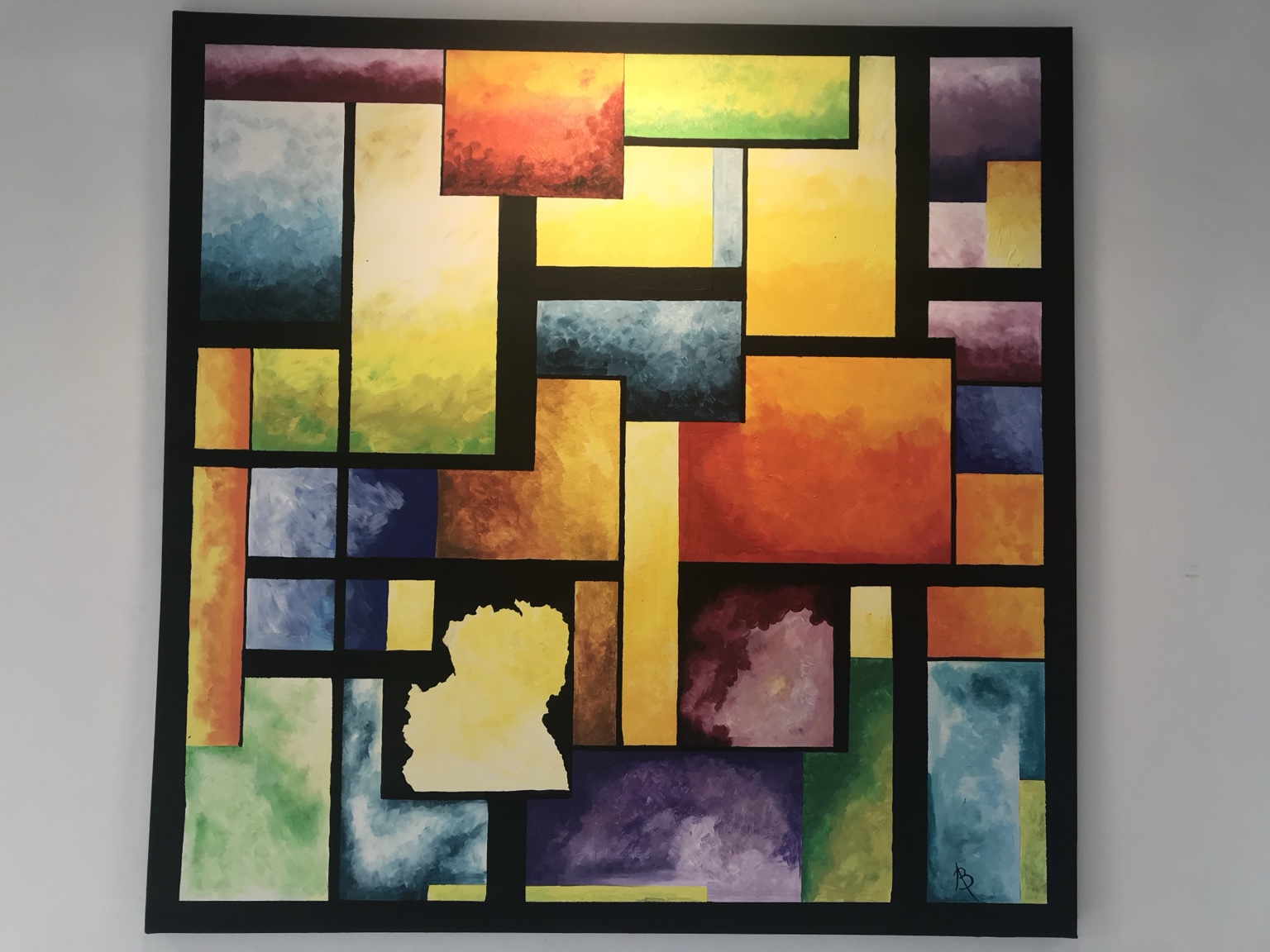 Cascade de couleurs, composition géométrique de Béa mêlant aplats colorés, lignes noires et silhouette de visage