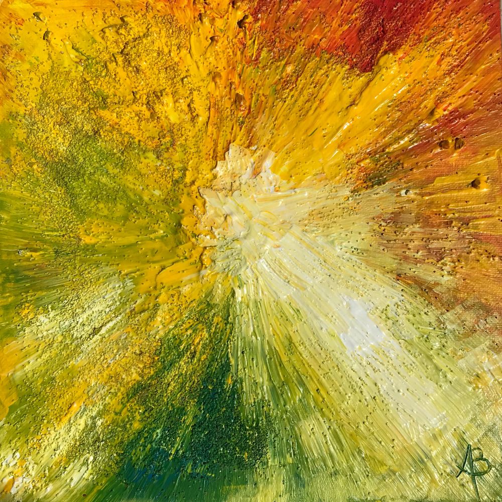 Éclosion solaire, peinture abstraite texturée de Béa dans des tons jaunes, verts et orangés
