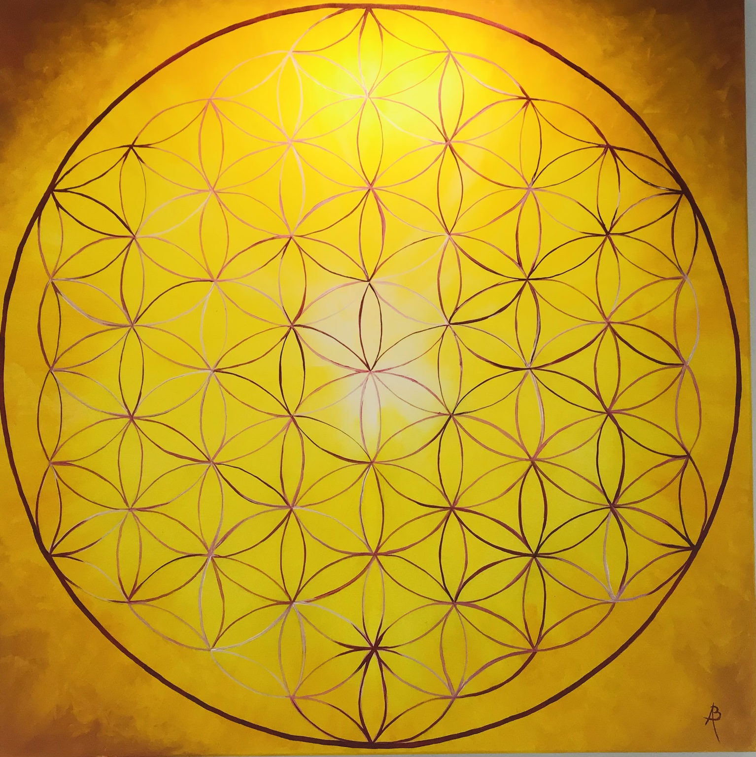 Éclat de vie, peinture de Béa représentant une fleur de vie lumineuse