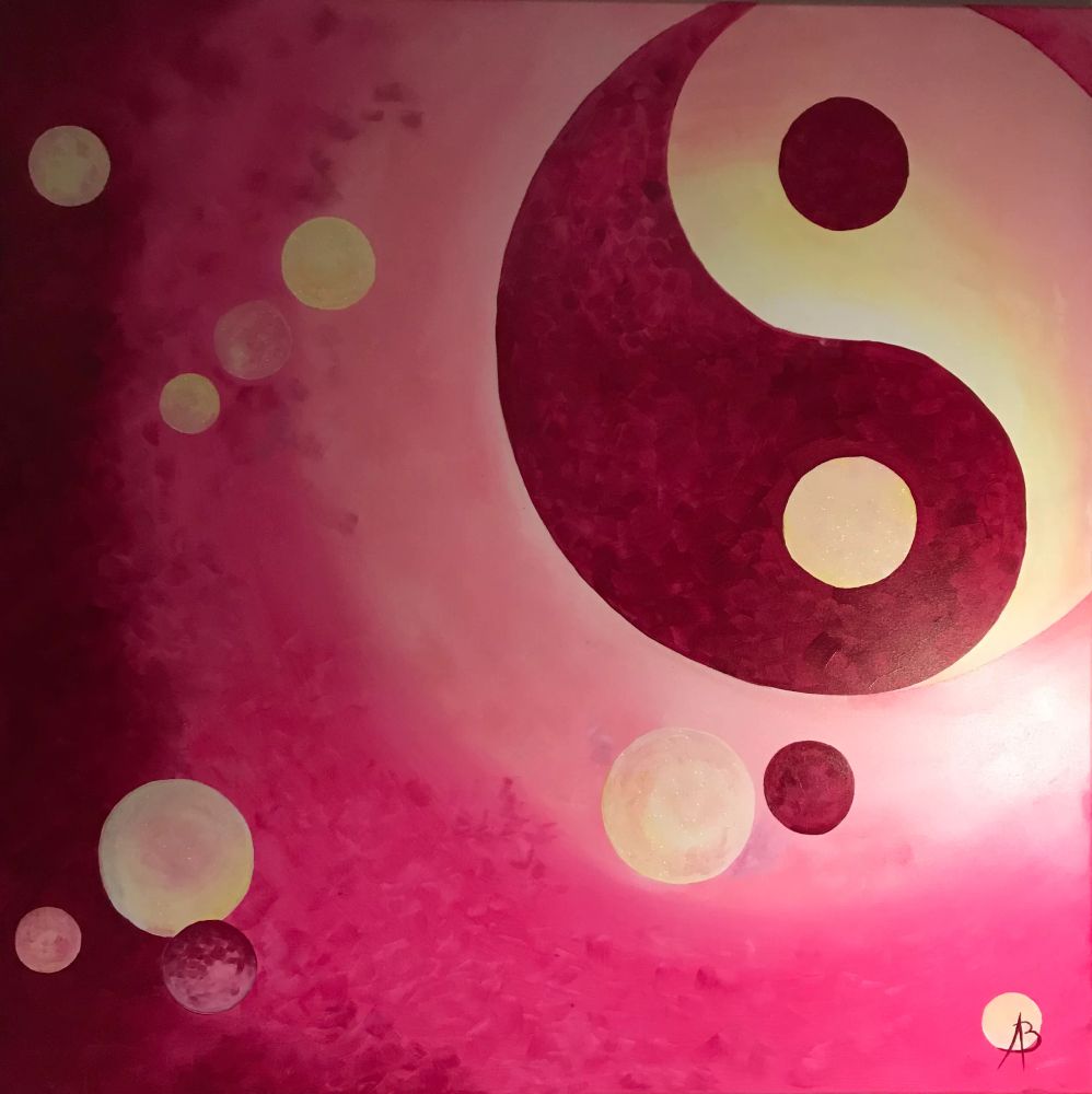 Équilibre en rose, peinture de Béa représentant un yin et yang entouré de bulles dans des tons roses