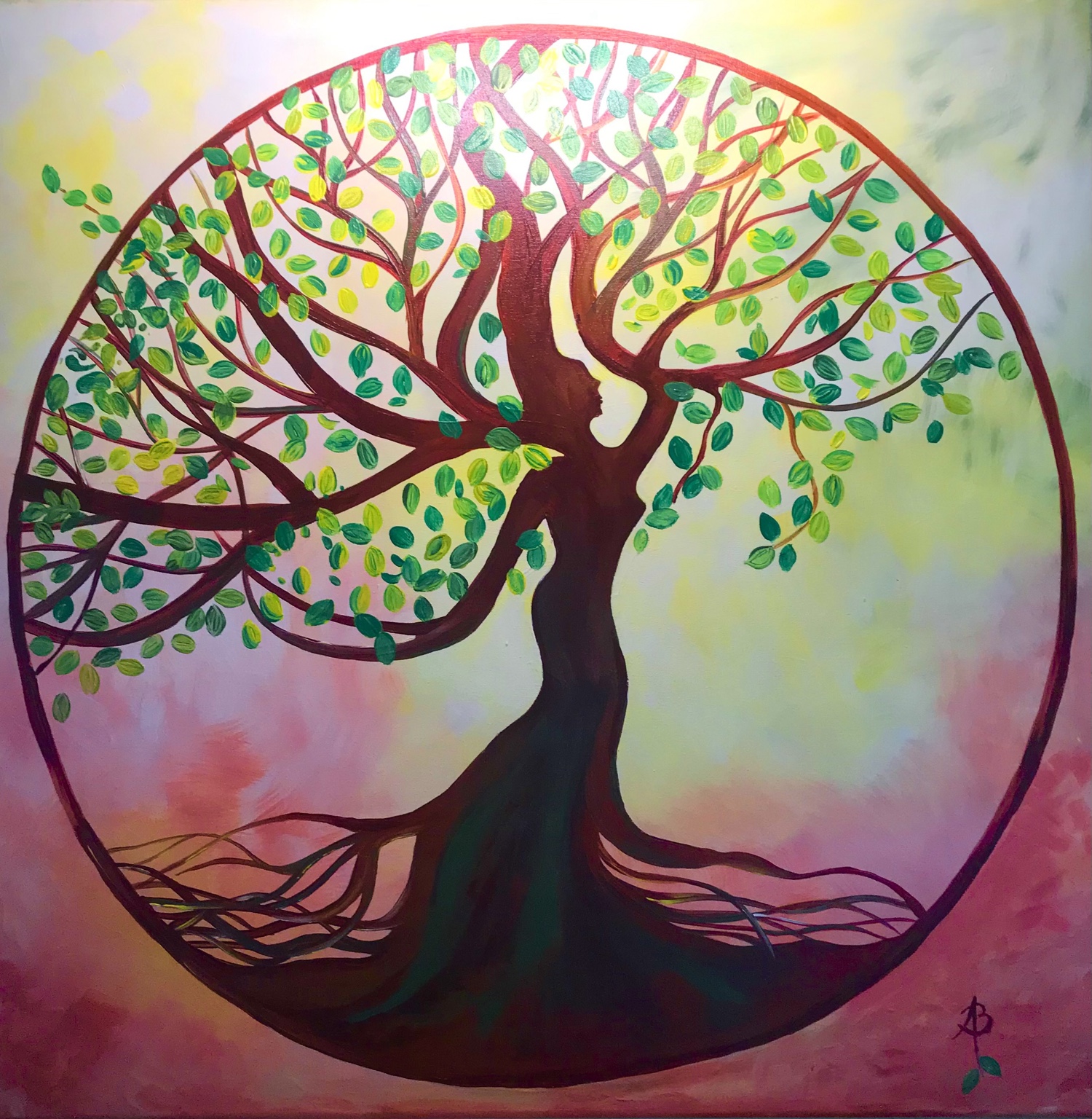 Essence féminine, peinture de Béa représentant un arbre prenant la forme d’une silhouette féminine