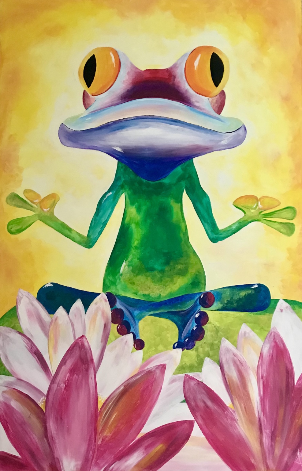 Pause nénuphar, peinture de Béa représentant une grenouille méditant sur un nénuphar