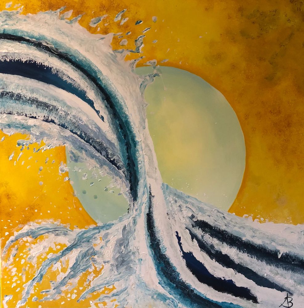 Écume solaire, peinture abstraite de Béa représentant de puissantes vagues bleues et blanches sur un fond jaune lumineux